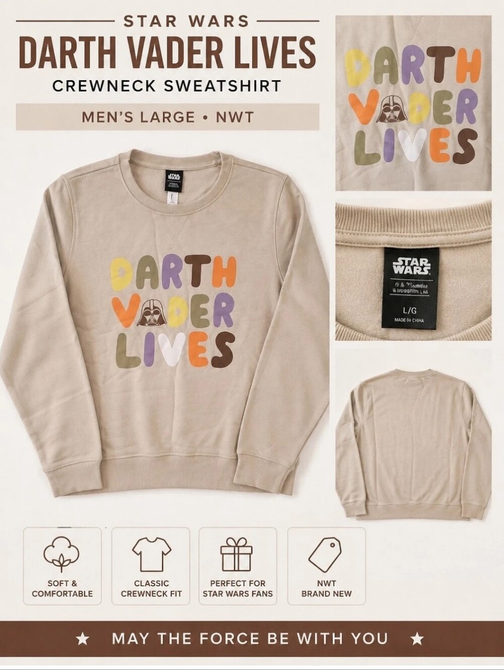 NWT Star Wars Darth Vader Lives Crewneck Sweatshirt Men’s Large Tan Graphic